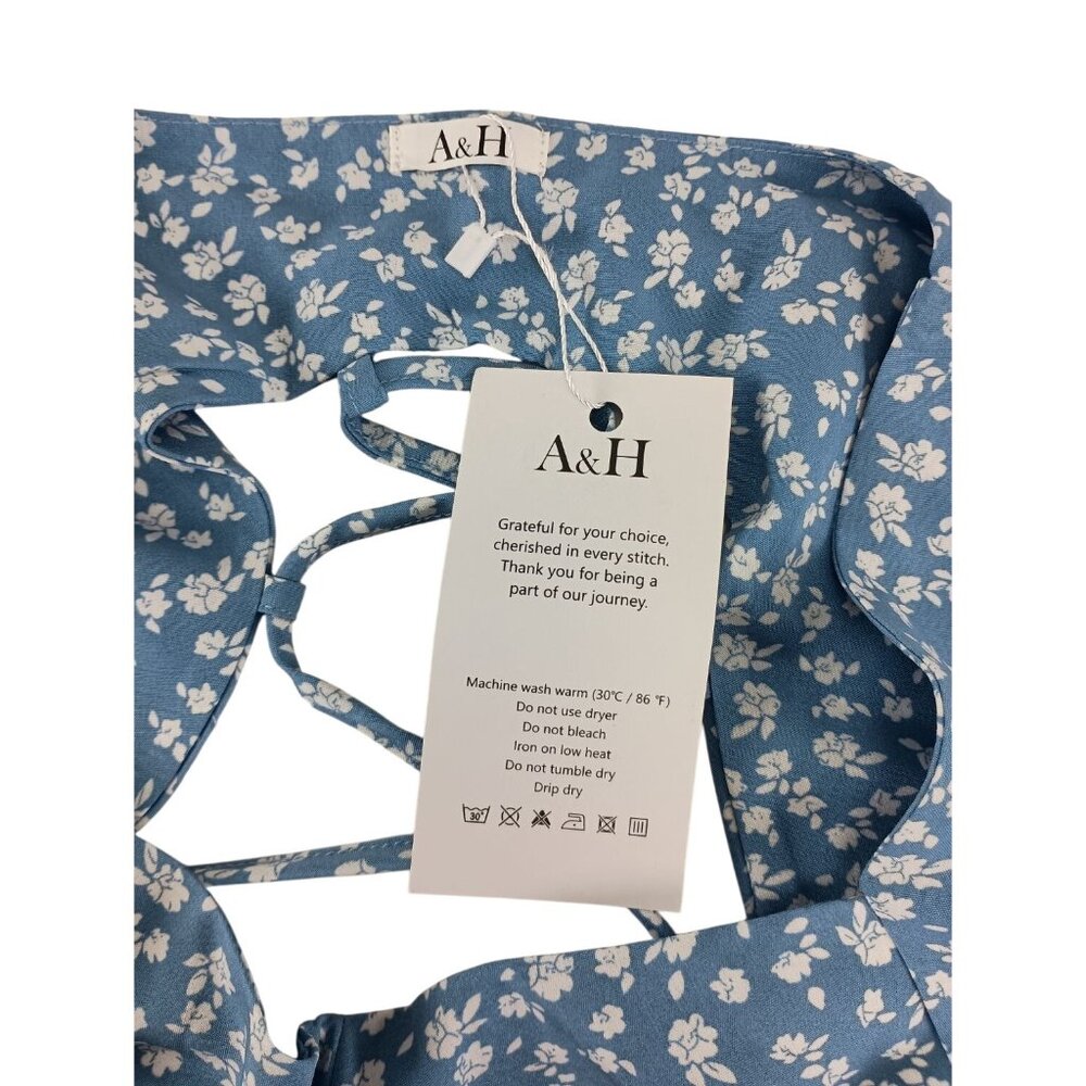 New A & H Women's Blue Dress White Floral Print Sz. M - Picture 5 of 6